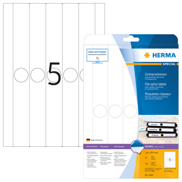 Suspension File Labels A4, 34 x 297mm, White, Opaque, for Narrow Files