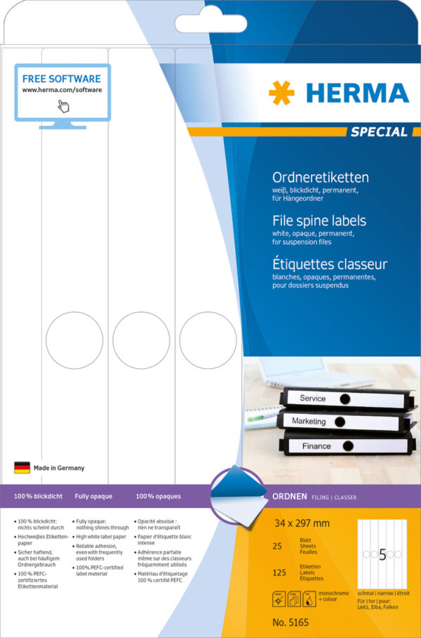 Suspension File Labels A4, 34 x 297mm, White, Opaque, for Narrow Files - Image 2