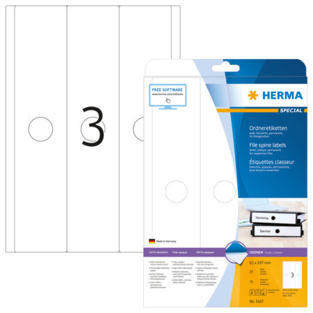 Suspension File Labels A4, 63 x 297mm, White, Opaque, for Wide Files (Short)