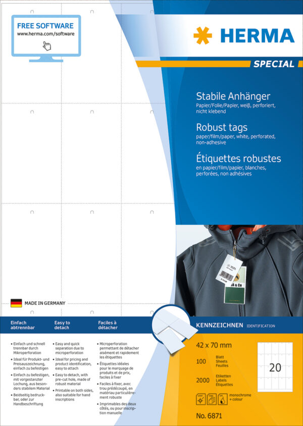 Robust Tags A4, 42 x 70mm, White, Perforated, Non-Adhesive, Printable - Image 2