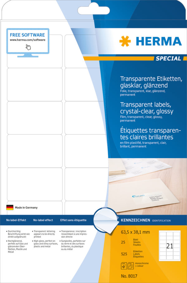 Transparent Film Labels, Crystal-Clear A4, 63.5 x 38.1mm, Weatherproof, Permanent Adhesion - Image 2