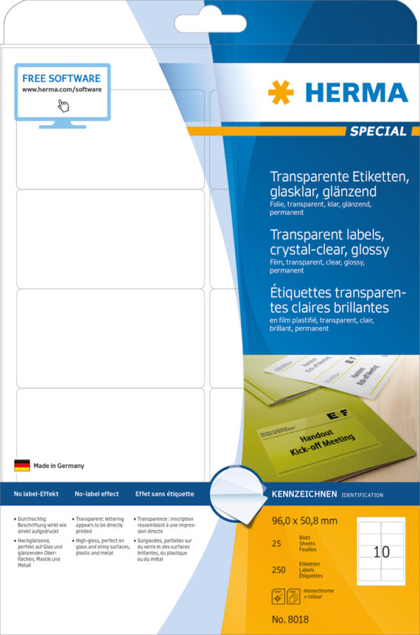 Transparent Film Labels, Crystal-Clear A4, 96 x 50.8mm, Weatherproof, Permanent Adhesion - Image 2
