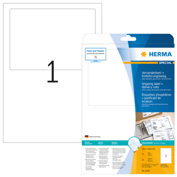 Shipping Label + Delivery Note A4, 182 x 130mm, White, Opaque, Permanent Adhesion