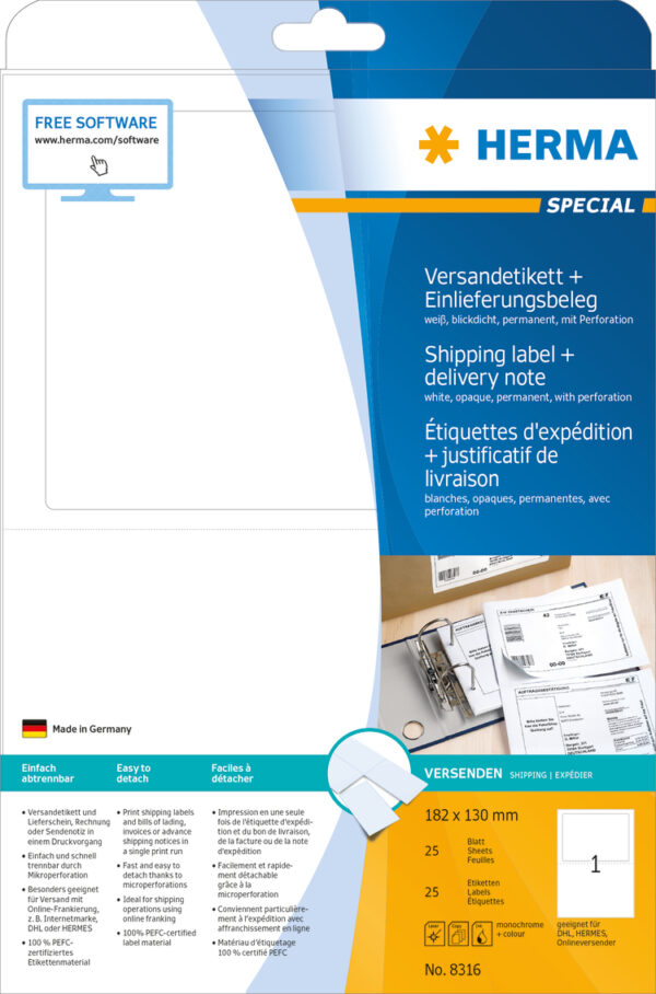 Shipping Label + Delivery Note A4, 182 x 130mm, White, Opaque, Permanent Adhesion - Image 2