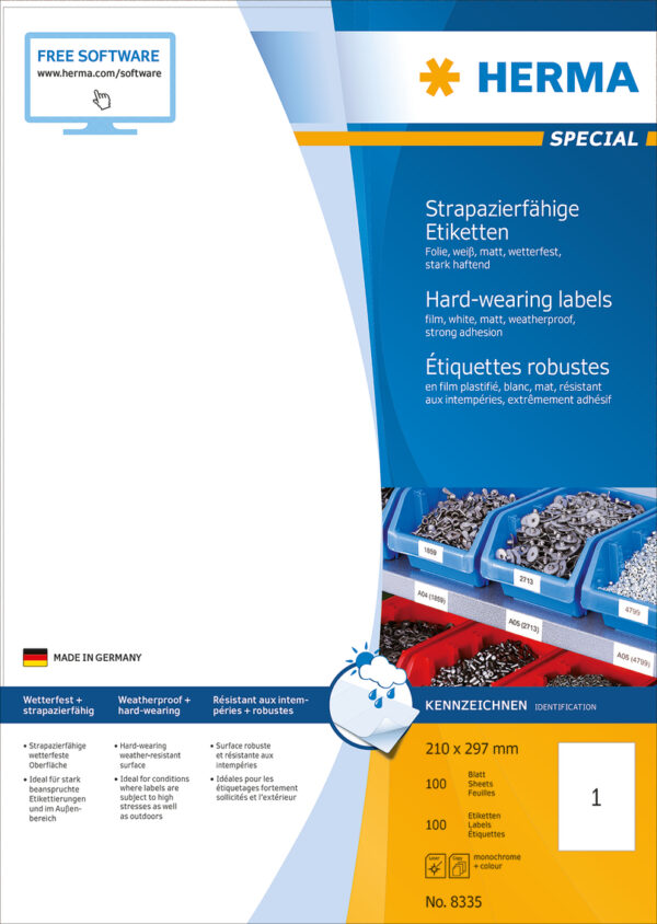 Weatherproof Film Labels A4, 210 x 297mm, White, Extremely Strong Adhesion - Image 2