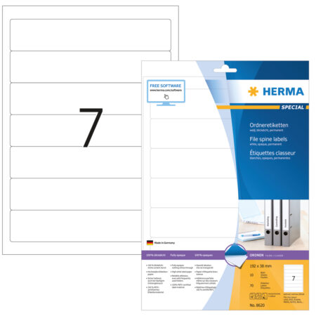File Spine Labels A4, 192 x 38mm, White, Opaque, for Narrow Files (Short)