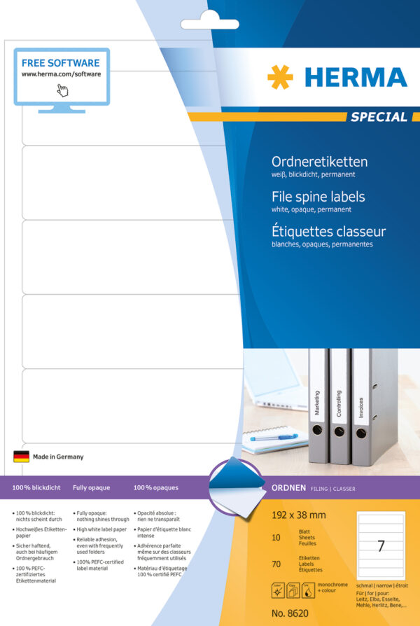 File Spine Labels A4, 192 x 38mm, White, Opaque, for Narrow Files (Short) - Image 2