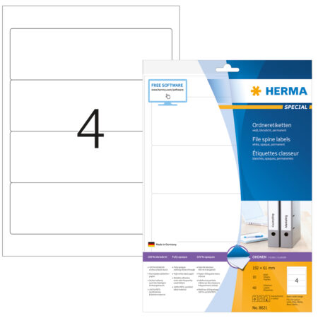 File Spine Labels A4, 192 x 61mm, White, Opaque, for Wide Files (Short)