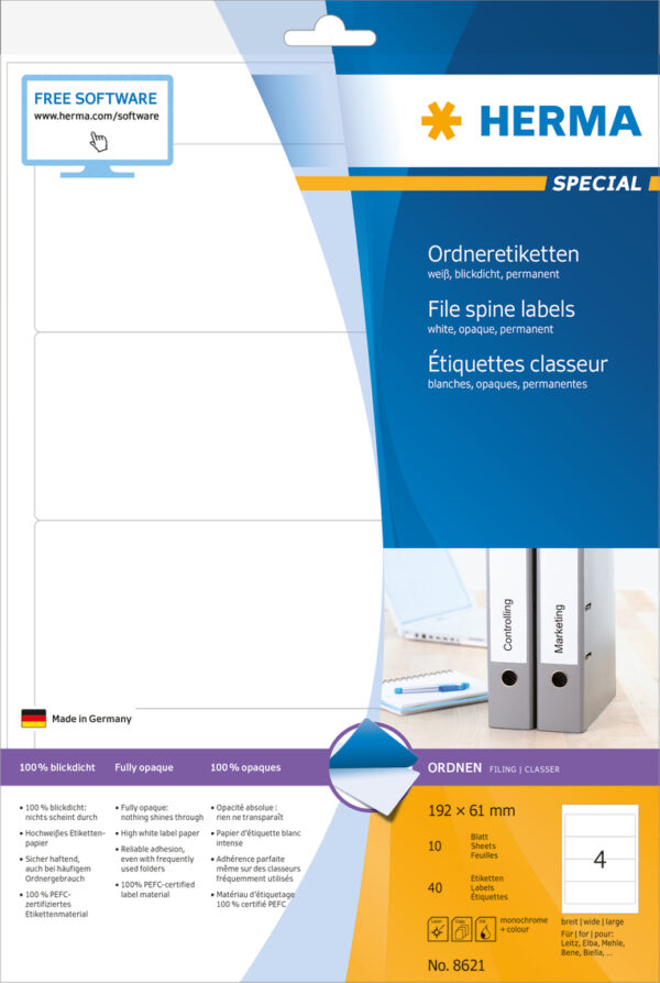File Spine Labels A4, 192 x 61mm, White, Opaque, for Wide Files (Short) - Image 2
