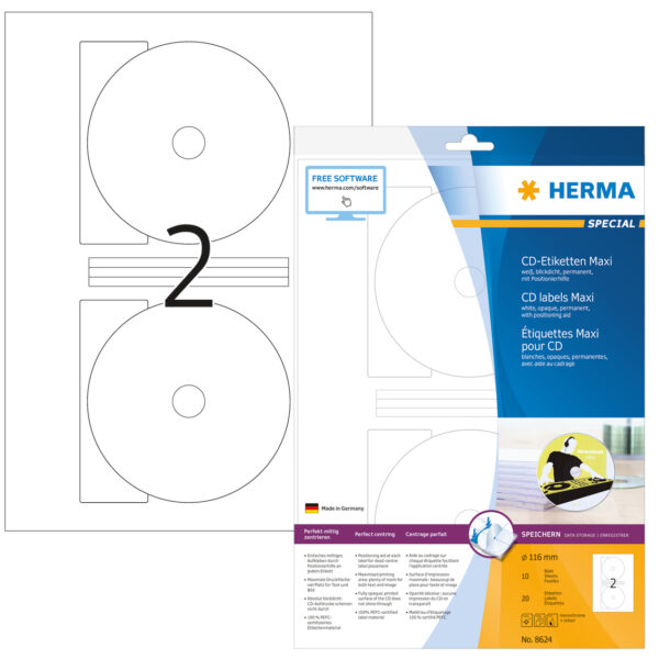CD Labels Maxi A4, 116mm, White Opaque, Permanent Adhesion