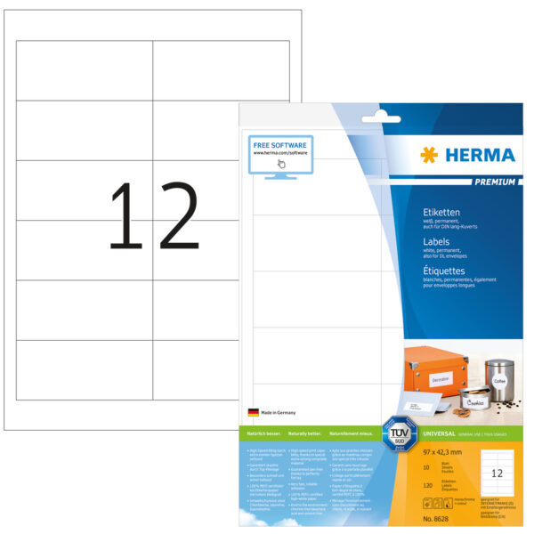 Premium Labels A4, 97 x 42.3mm, White, Permanent Adhesion