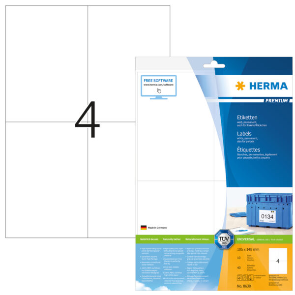 Premium Labels A4, 105 x 148mm, White, Permanent Adhesion