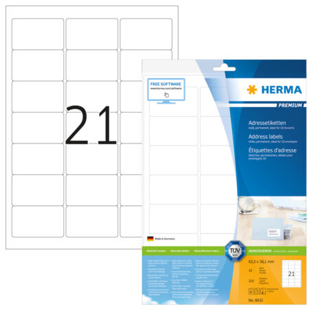 Premium Address Labels A4, 63.5 x 38.1mm, White, Permanent Adhesion