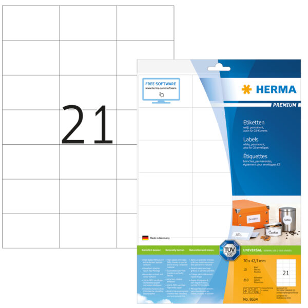 Premium Labels A4, 70 x 42.3mm, White, Permanent Adhesion