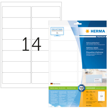 Premium Address Labels A4, 99.1 x 38.1mm, White, Permanent Adhesion