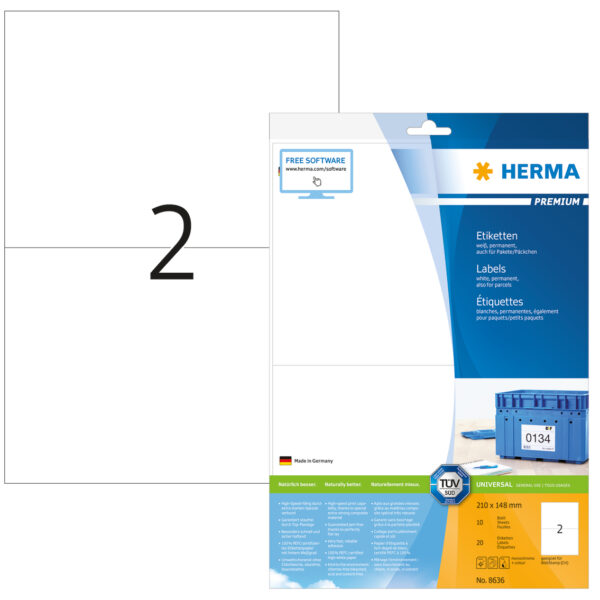Premium Labels A4, 210 x 148mm, White, Permanent Adhesion