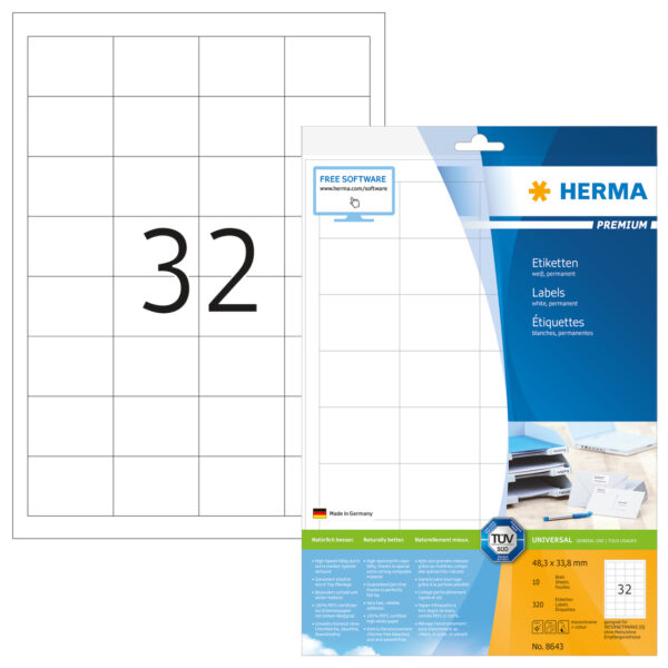 Premium Labels A4, 48.3 x 33.8mm, White, Permanent Adhesion