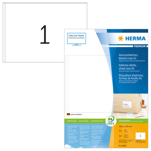 Premium Address Labels A5, 148.5 x 205mm, White, Permanent Adhesion