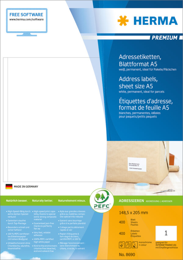 Premium Address Labels A5, 148.5 x 205mm, White, Permanent Adhesion - Image 2