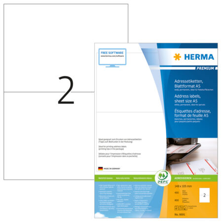 Premium Address Labels A5, 148 x 105mm, White, Permanent Adhesion