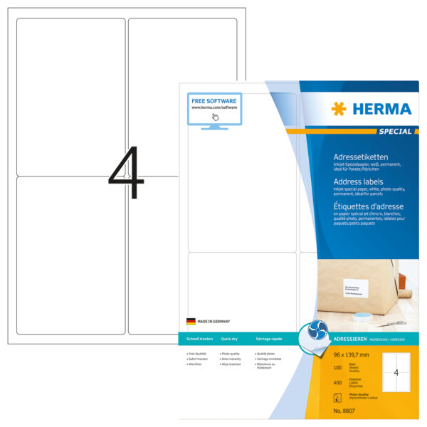 Inkjet Address Labels A4, 96 x 139.7mm, White, Permanent Adhesion