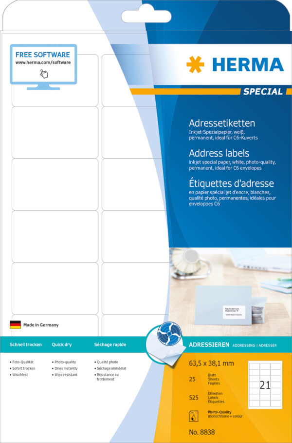 Inkjet Address Labels A4, 63.5 x 38.1mm, White, Permanent Adhesion
