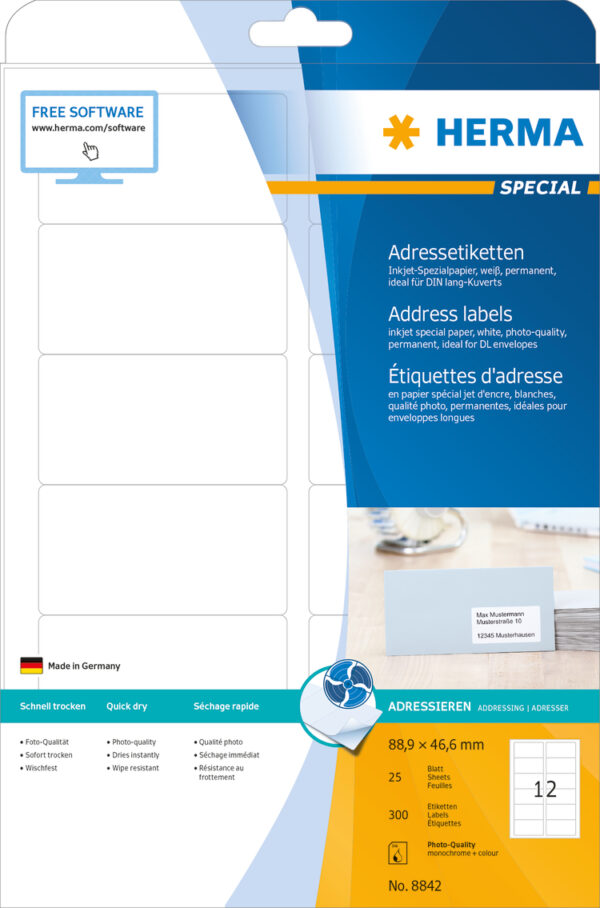 Inkjet Address Labels A4, 88.9 x 46.6mm, White, Permanent Adhesion