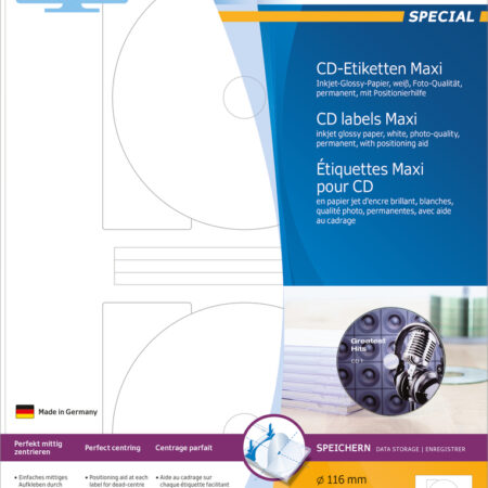 High-Gloss CD Labels A4, 116mm, Maxi, made of Film, Permanent Adhesion