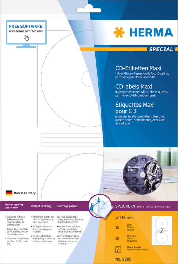 High-Gloss CD Labels A4, 116mm, Maxi, made of Film, Permanent Adhesion