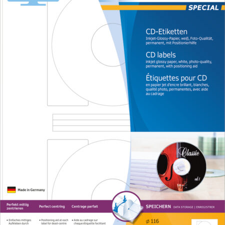 High-Gloss CD Labels A4, 116mm, made of Film, Permanent Adhesion