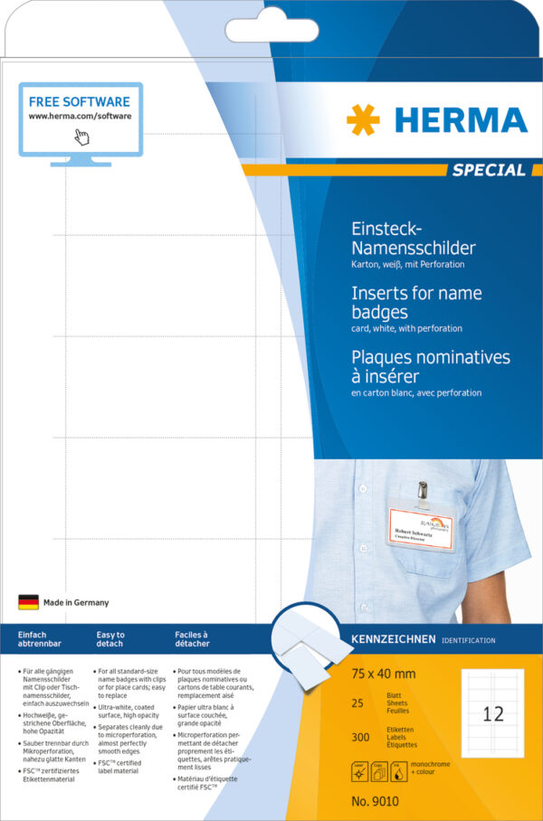 Inserts for Name Badges A4, 75 x 40mm, White, made of Cardboard, Non-Adhesive