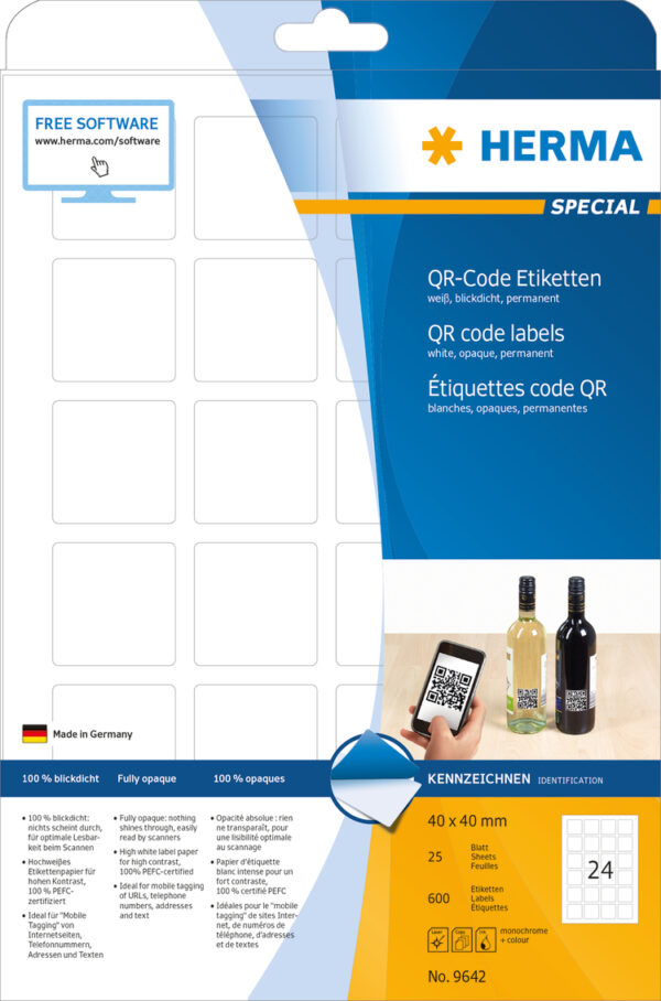 QR Code Labels A4, 40 x 40mm, White, Opaque, Permanent Adhesion