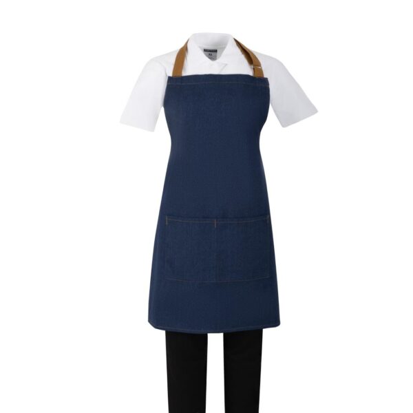 Southside Short Length Bib Apron Denim Blue (Tan Ties) - 780x700mm