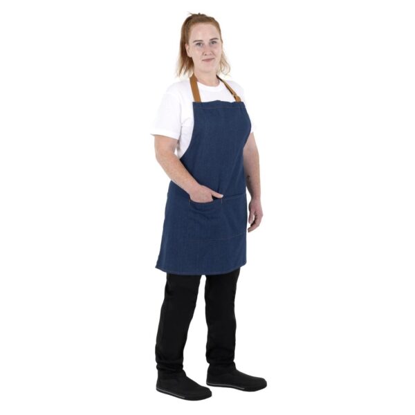 Southside Short Length Bib Apron Denim Blue (Tan Ties) - 780x700mm - Image 9