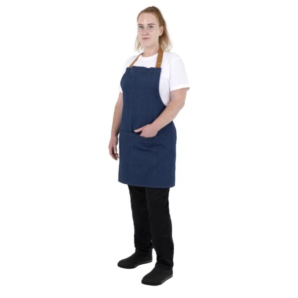 Southside Short Length Bib Apron Denim Blue (Tan Ties) - 780x700mm - Image 10