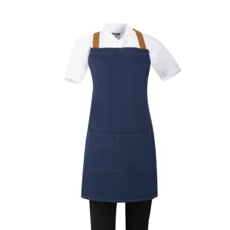 Southside Short Length X-Cross Back Bib Apron Denim Blue (Tan Ties) - 780x700mm