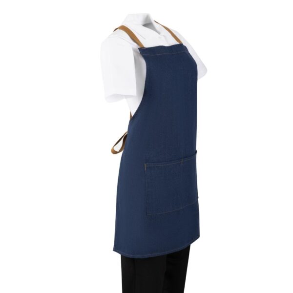 Southside Short Length X-Cross Back Bib Apron Denim Blue (Tan Ties) - 780x700mm - Image 2