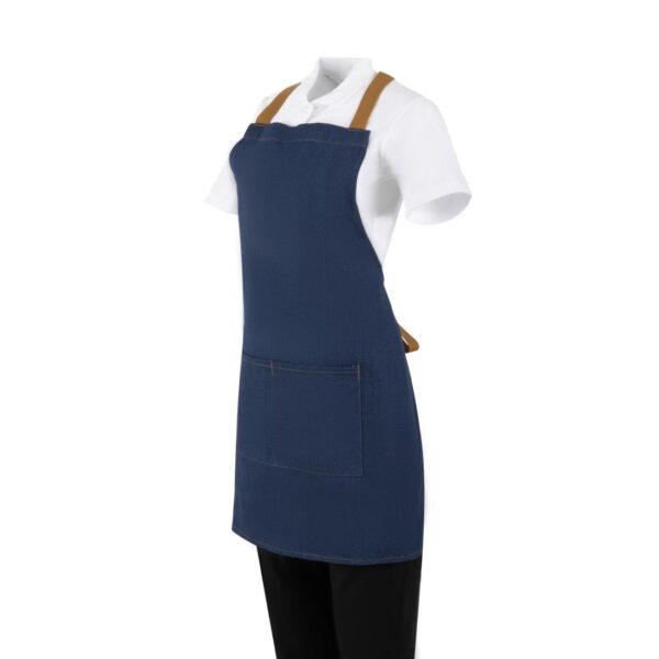 Southside Short Length X-Cross Back Bib Apron Denim Blue (Tan Ties) - 780x700mm - Image 3