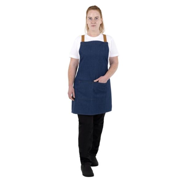 Southside Short Length X-Cross Back Bib Apron Denim Blue (Tan Ties) - 780x700mm - Image 8