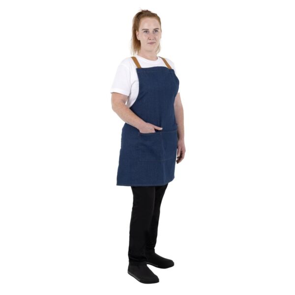 Southside Short Length X-Cross Back Bib Apron Denim Blue (Tan Ties) - 780x700mm - Image 9