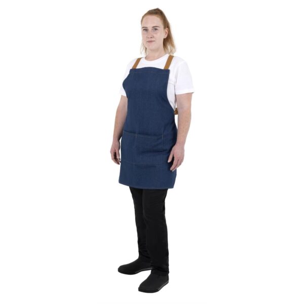 Southside Short Length X-Cross Back Bib Apron Denim Blue (Tan Ties) - 780x700mm - Image 10