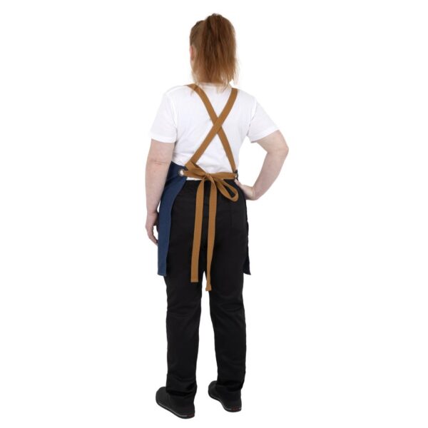 Southside Short Length X-Cross Back Bib Apron Denim Blue (Tan Ties) - 780x700mm - Image 11