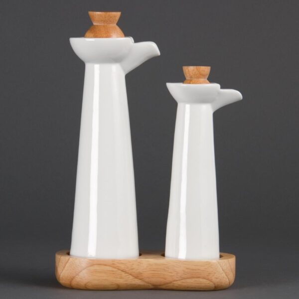 Olympia Whiteware Vinegar & Oil bottle set with Wooden Base & Stoppers (Box 1) - Image 2