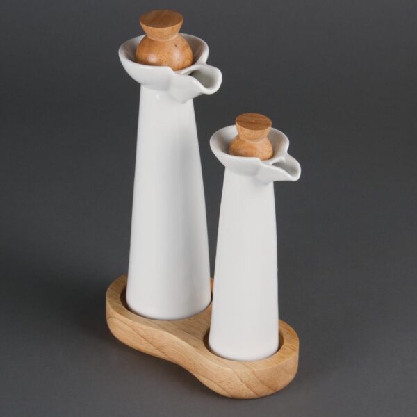 Olympia Whiteware Vinegar & Oil bottle set with Wooden Base & Stoppers (Box 1) - Image 3