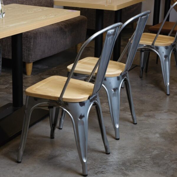 Bolero Steel Dining Sidechair with Wood Seatpad (Galvanised) (Pack 4) - Image 8
