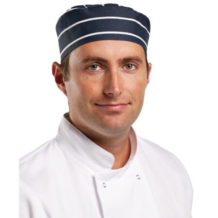 Whites Chefs Skull Cap Navy Butchers Stripe